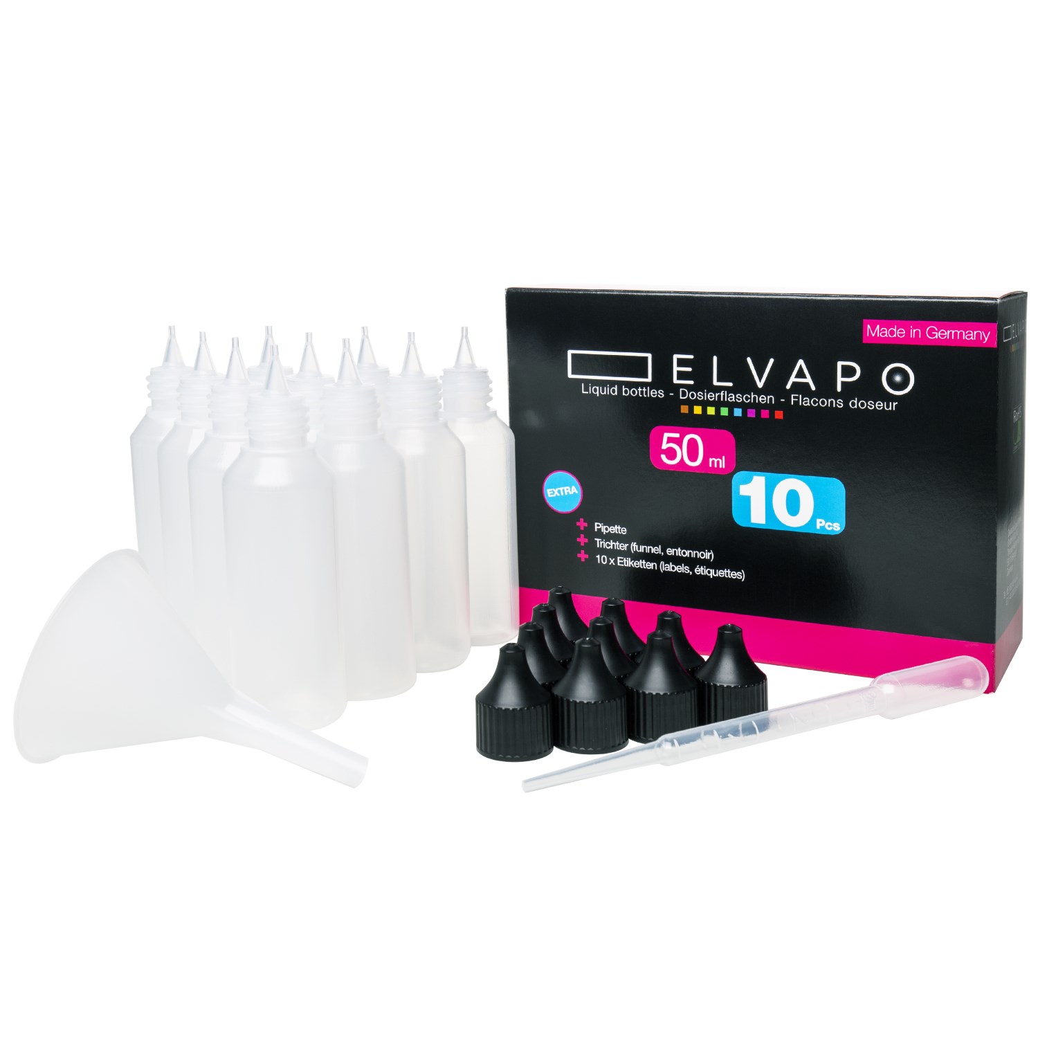 10 x 50ml Liquid-Flaschen-Set + Trichter + Pipette + 10 Etiketten